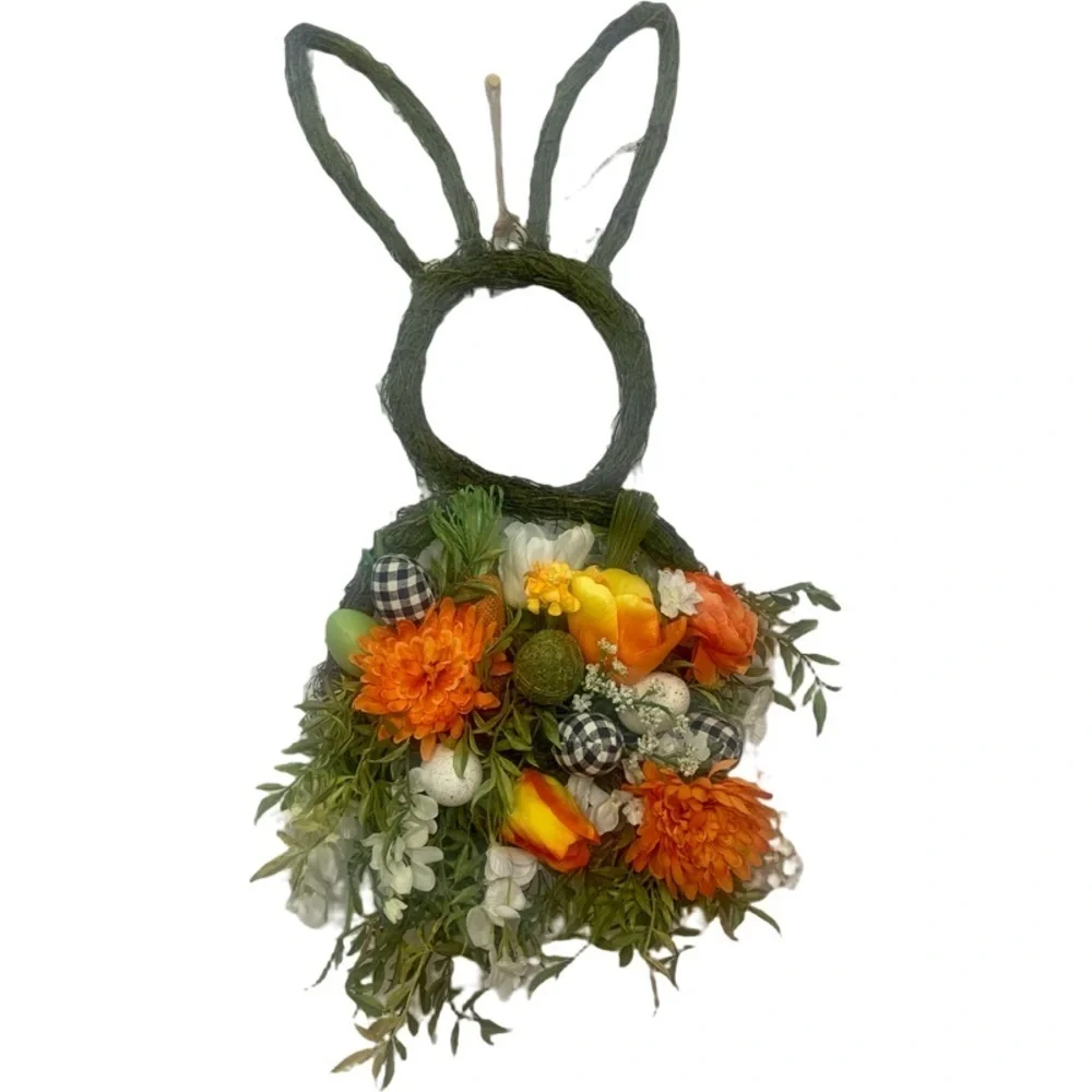 Easter Bunny Shaped Moss Floral Spring Orange Wreath Farmhouse Black White Plaid